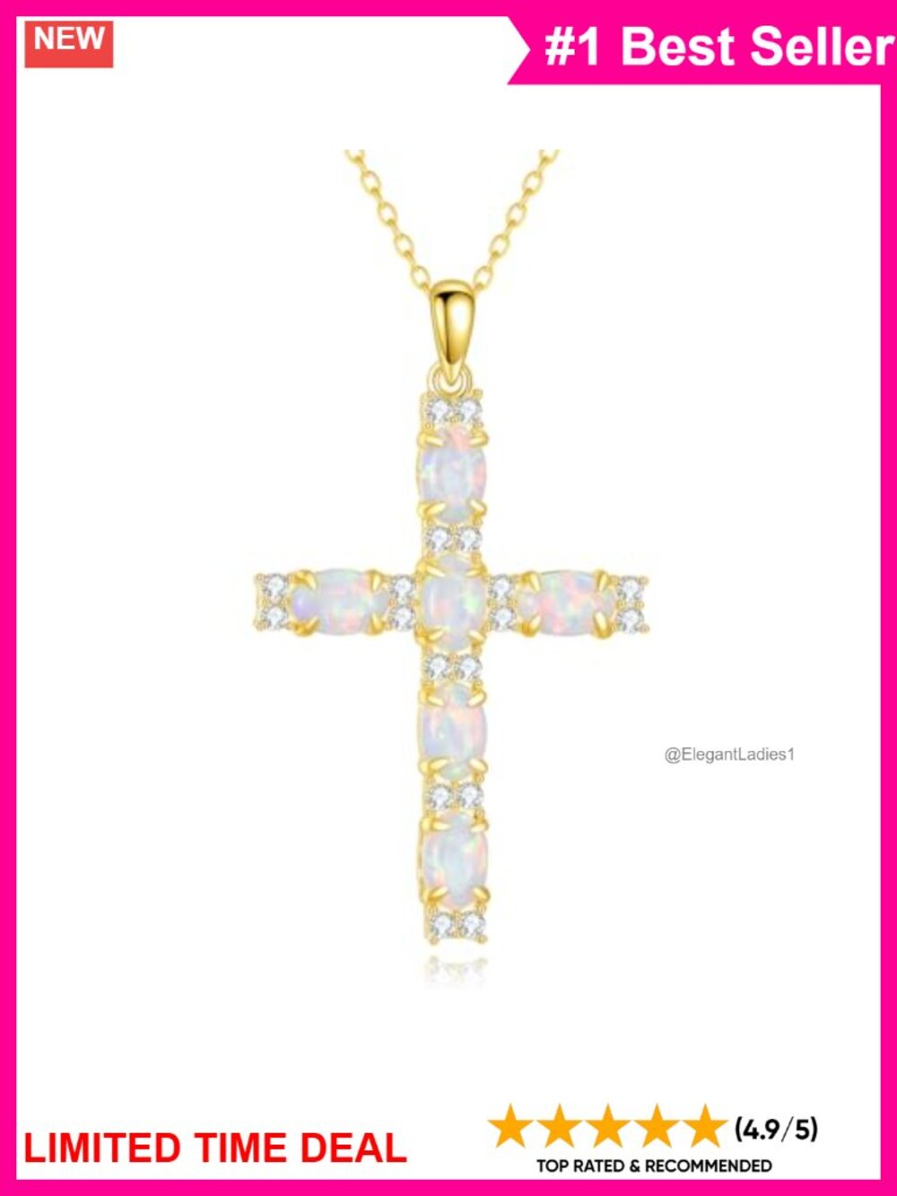 925 Sterling Silver White Opal Cross Necklace 14k Gold Plated